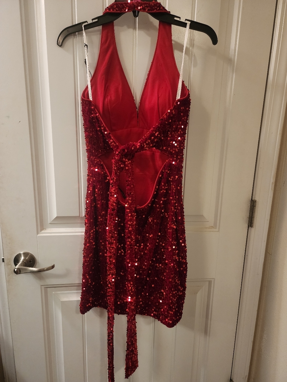 Amarra Red Sequin Halter Dress Size 8 Open Back Tie Waist Cocktail Party - Picture 3 of 3